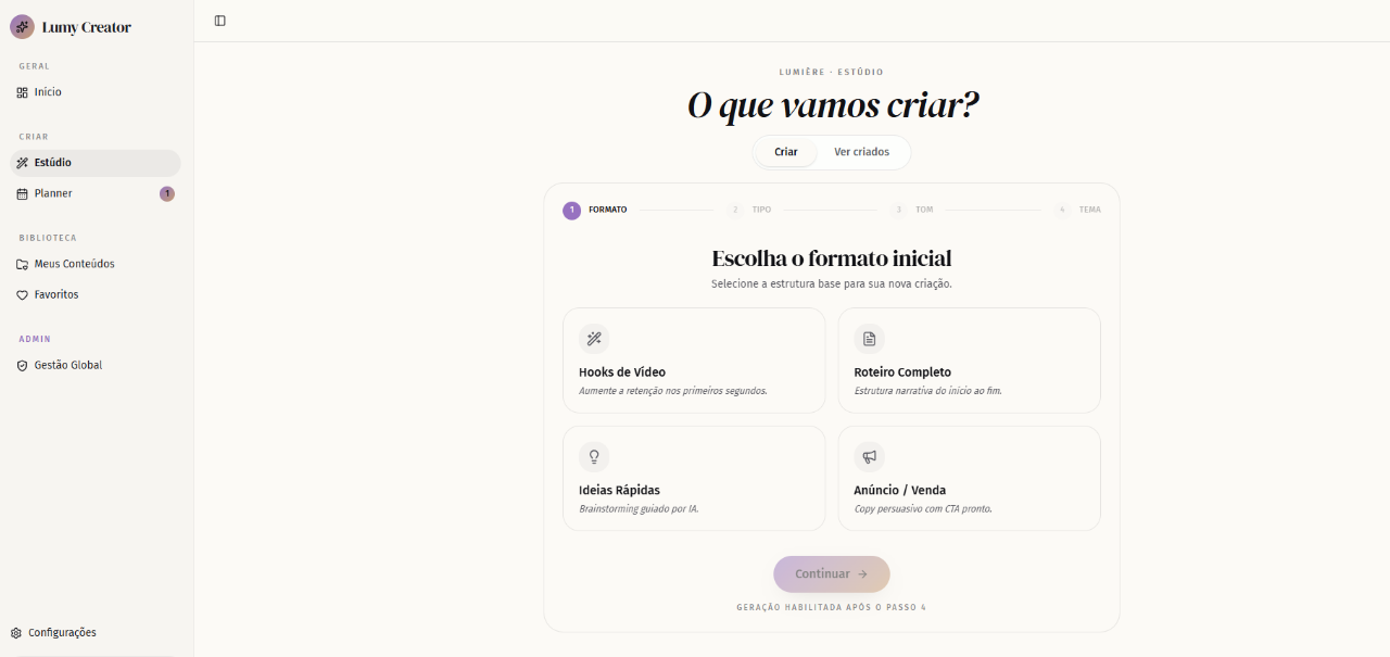 Interface do estúdio Lumy Creator